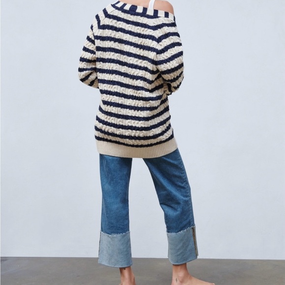 ZARA Striped Cotton Navy and Cream Women's Cardigan - Picture 2 of 10